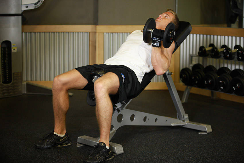 Demonstration of Alternate Incline Dumbbell Curl exercise showing proper form and technique