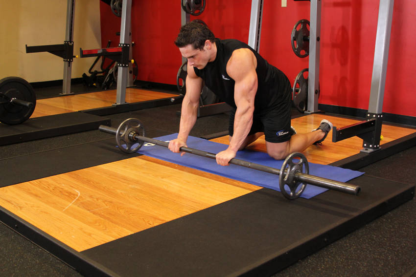 Demonstration of Barbell Ab Rollout - On Knees exercise showing proper form and technique