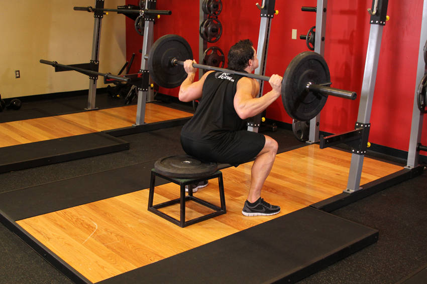 Alternative demonstration of Barbell Squat To A Bench exercise