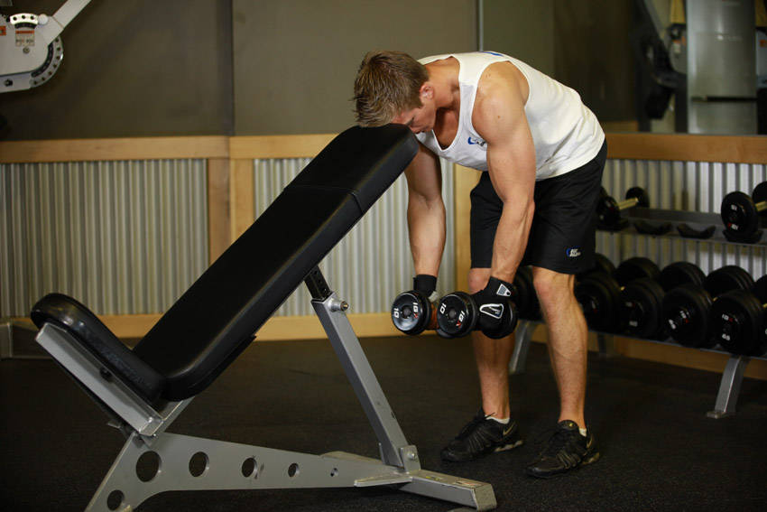 Demonstration of Bent Over Dumbbell Rear Delt Raise With Head On Bench exercise showing proper form and technique