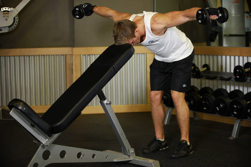 Alternative demonstration of Bent Over Dumbbell Rear Delt Raise With Head On Bench exercise