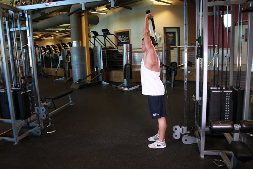 Alternative demonstration of Cable Rope Overhead Triceps Extension exercise