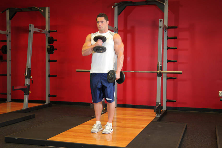 Demonstration of Cross Body Hammer Curl exercise showing proper form and technique