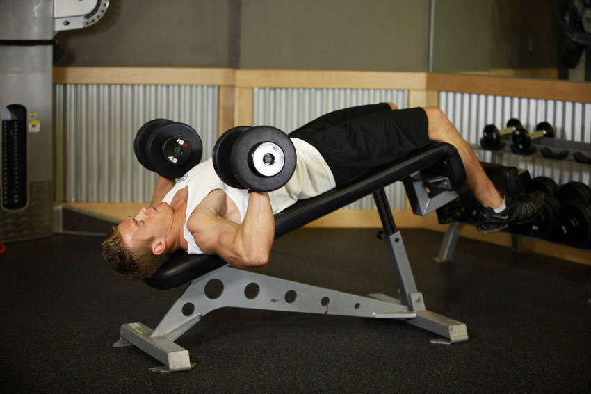 Demonstration of Decline Dumbbell Bench Press exercise showing proper form and technique