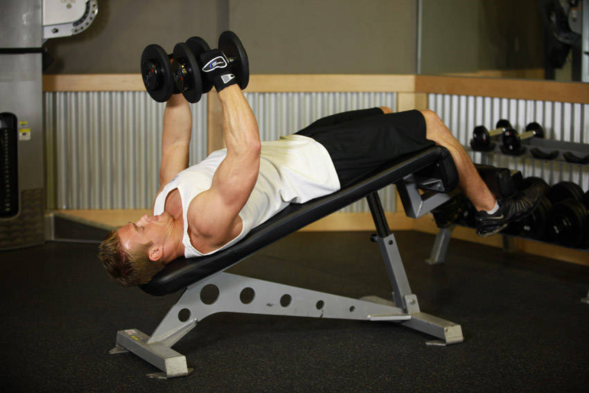 Demonstration of Decline Dumbbell Flyes exercise showing proper form and technique