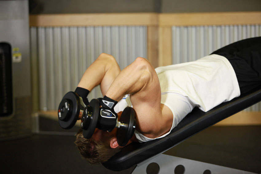 Alternative demonstration of Decline Dumbbell Triceps Extension exercise