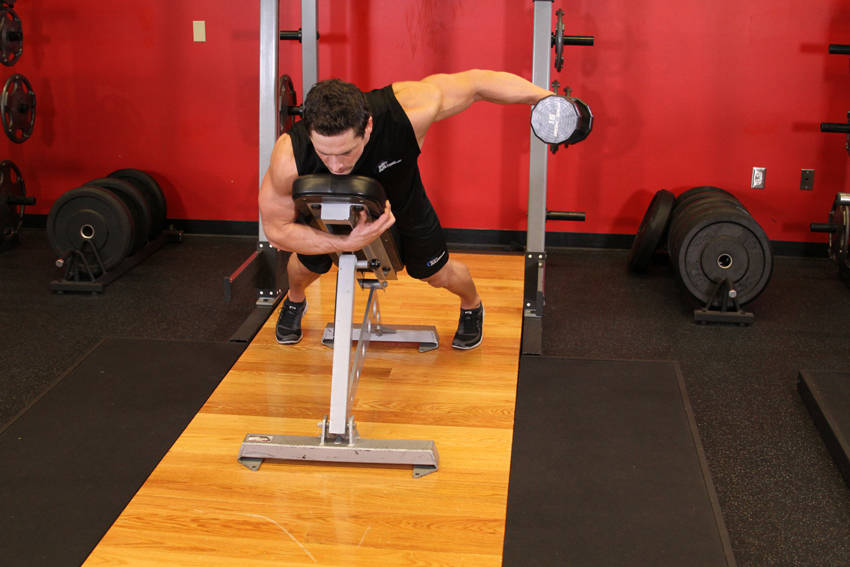 Alternative demonstration of Dumbbell Lying One-Arm Rear Lateral Raise exercise
