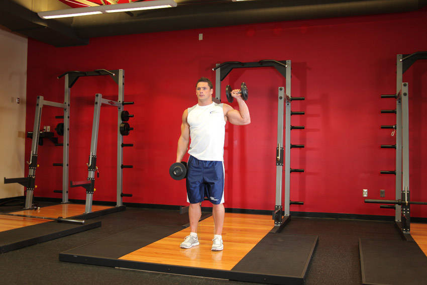 Demonstration of Dumbbell One-Arm Shoulder Press exercise showing proper form and technique
