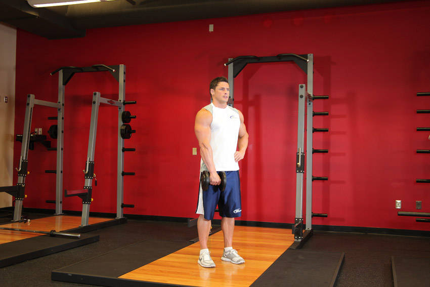 Alternative demonstration of Dumbbell One-Arm Upright Row exercise