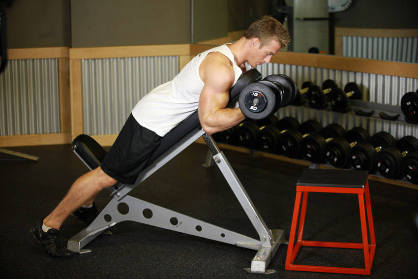 Demonstration of Dumbbell Prone Incline Curl exercise showing proper form and technique