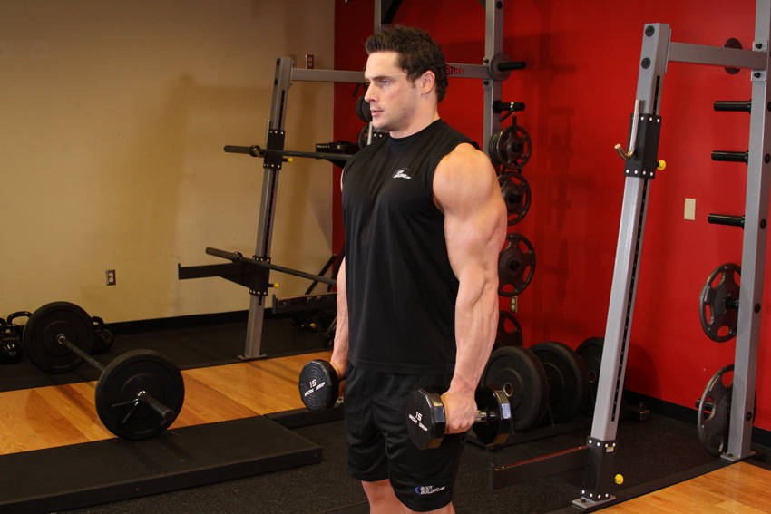 Demonstration of Dumbbell Raise exercise showing proper form and technique