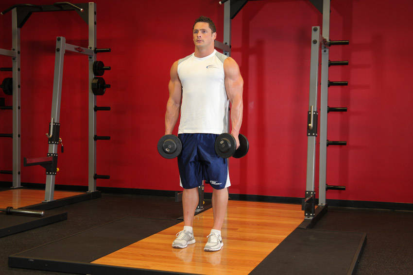 Demonstration of Dumbbell Shrug exercise showing proper form and technique