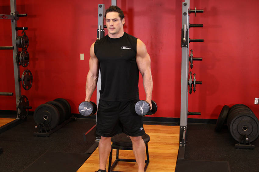 Demonstration of Dumbbell Squat To A Bench exercise showing proper form and technique