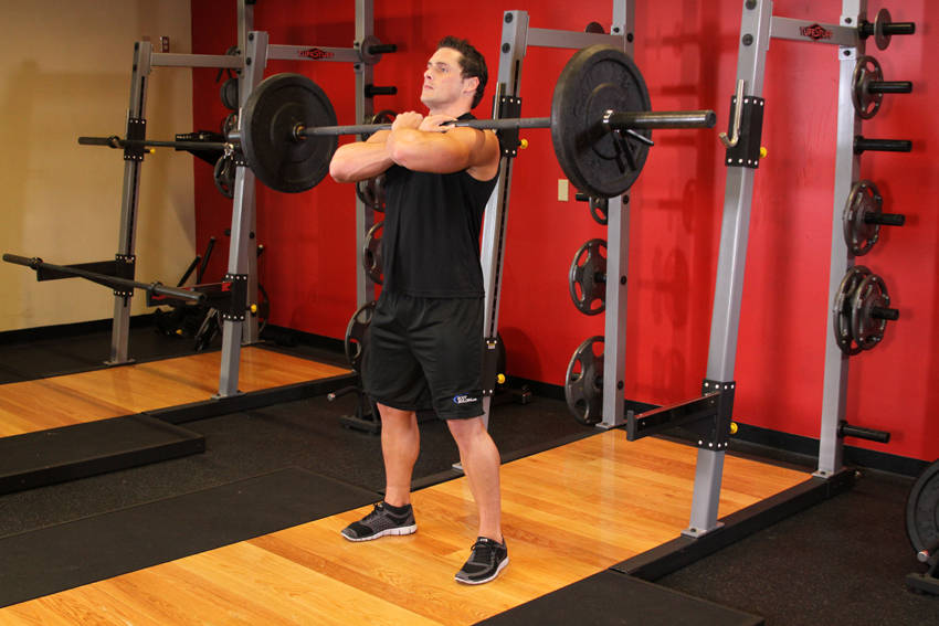 Demonstration of Front Barbell Squat exercise showing proper form and technique