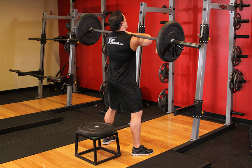 Demonstration of Front Barbell Squat To A Bench exercise showing proper form and technique
