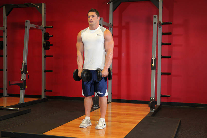 Demonstration of Front Two-Dumbbell Raise exercise showing proper form and technique