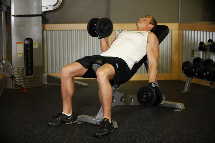 Demonstration of Incline Dumbbell Curl exercise showing proper form and technique