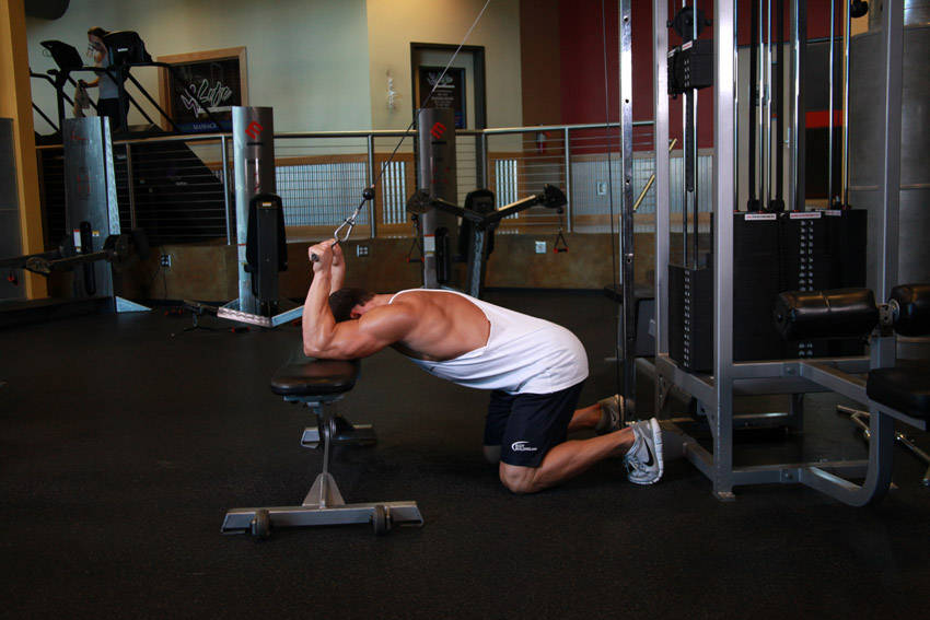 Demonstration of Kneeling Cable Triceps Extension exercise showing proper form and technique