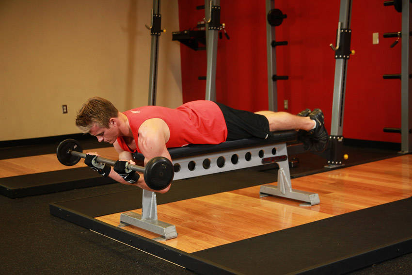Alternative demonstration of Lying High Bench Barbell Curl exercise