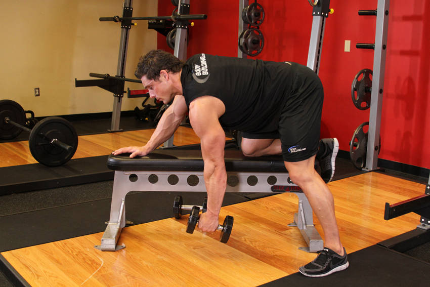 Demonstration of One-Arm Dumbbell Row exercise showing proper form and technique
