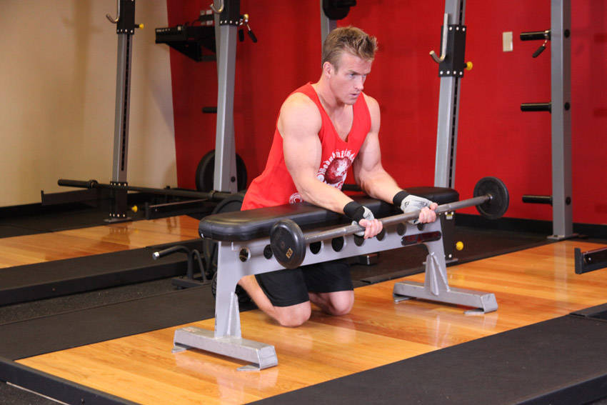 Demonstration of Palms-Up Barbell Wrist Curl Over A Bench exercise showing proper form and technique