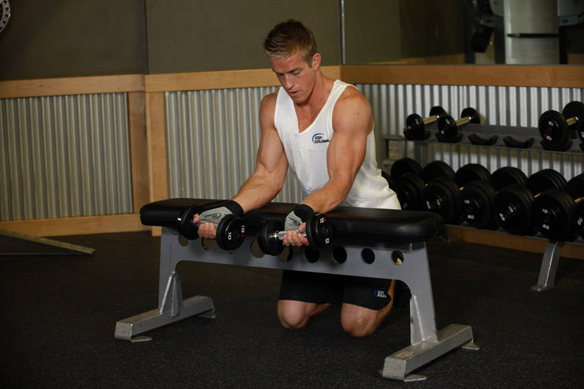 Demonstration of Palms-Up Dumbbell Wrist Curl Over A Bench exercise showing proper form and technique