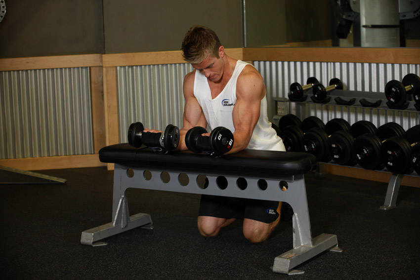 Alternative demonstration of Palms-Up Dumbbell Wrist Curl Over A Bench exercise