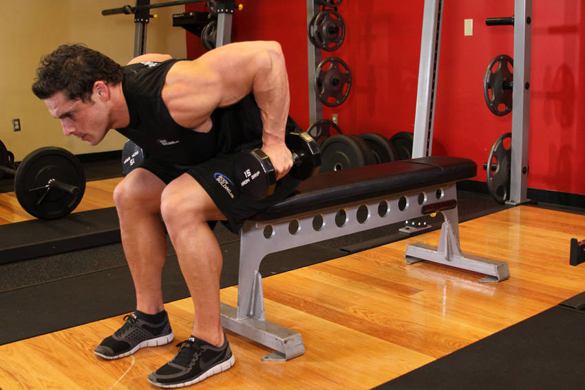 Demonstration of Seated Bent-Over Two-Arm Dumbbell Triceps Extension exercise showing proper form and technique