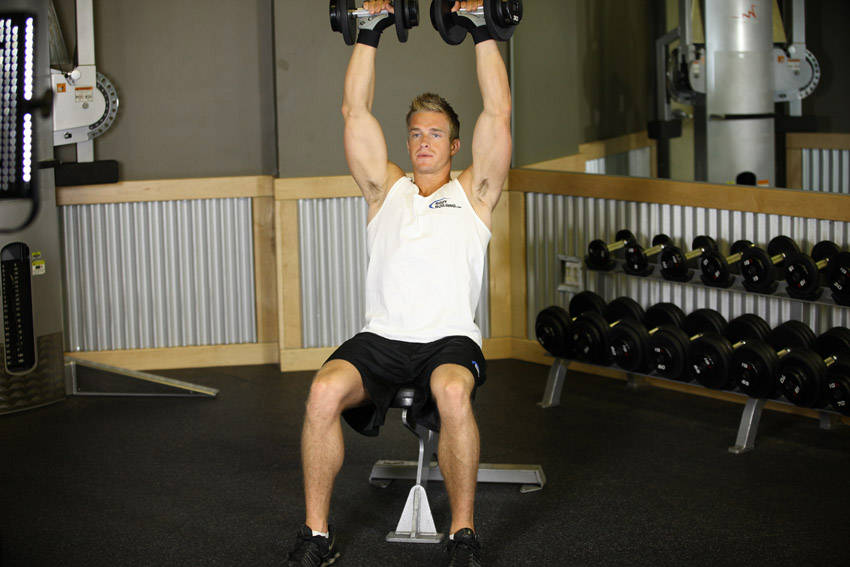 Demonstration of Seated Dumbbell Press exercise showing proper form and technique