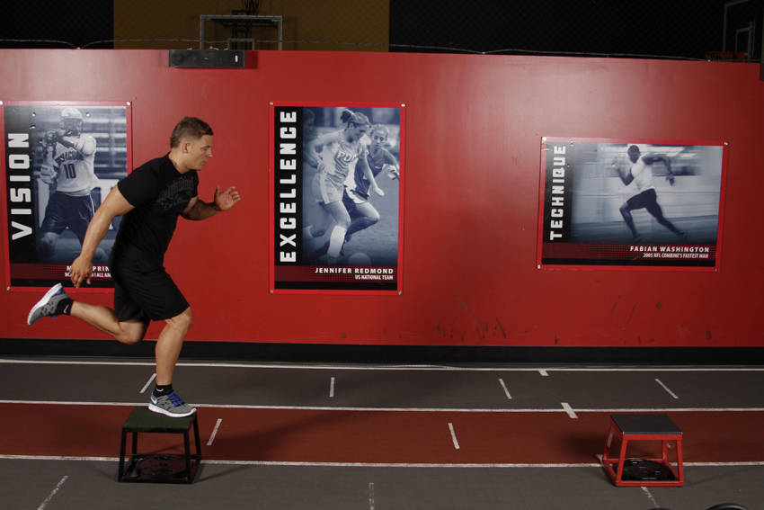 Demonstration of Single-Leg Stride Jump exercise showing proper form and technique