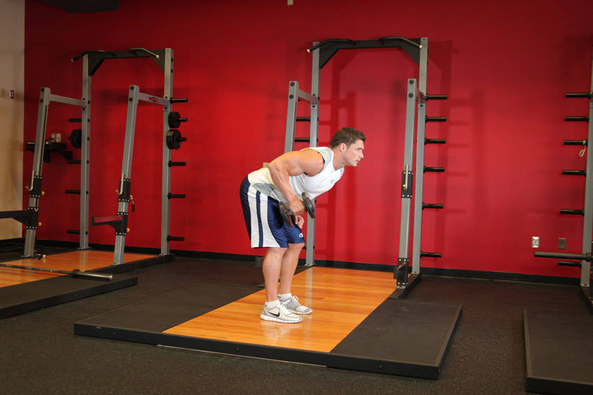 Demonstration of Standing Bent-Over One-Arm Dumbbell Triceps Extension exercise showing proper form and technique