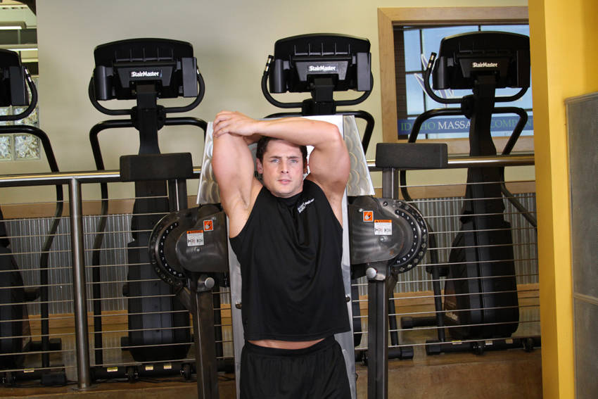 Demonstration of Standing Low-Pulley One-Arm Triceps Extension exercise showing proper form and technique