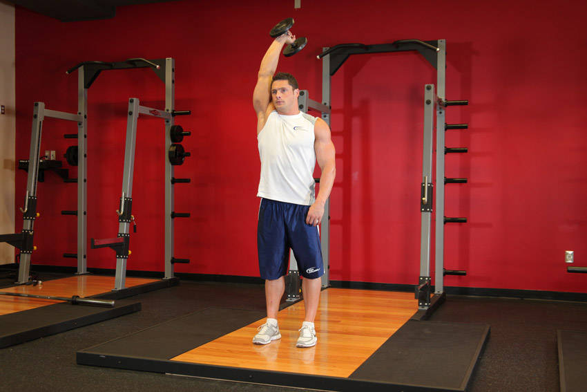 Demonstration of Standing One-Arm Dumbbell Triceps Extension exercise showing proper form and technique