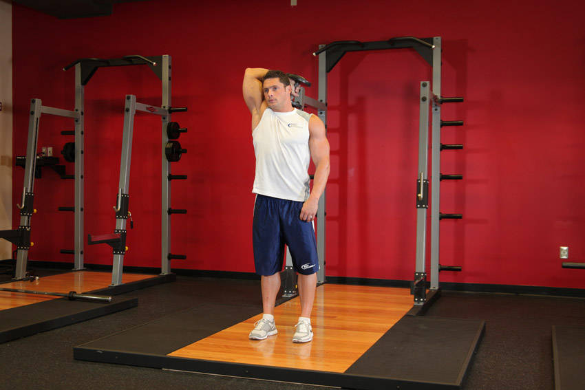 Alternative demonstration of Standing One-Arm Dumbbell Triceps Extension exercise