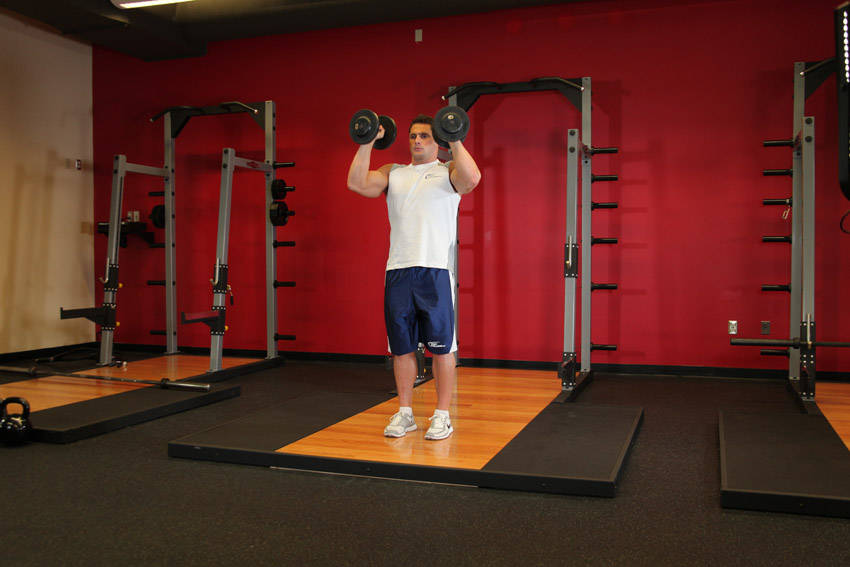 Alternative demonstration of Standing Palms-In Dumbbell Press exercise