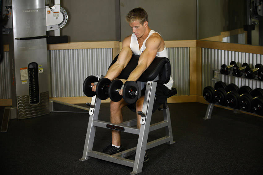 Demonstration of Two-Arm Dumbbell Preacher Curl exercise showing proper form and technique