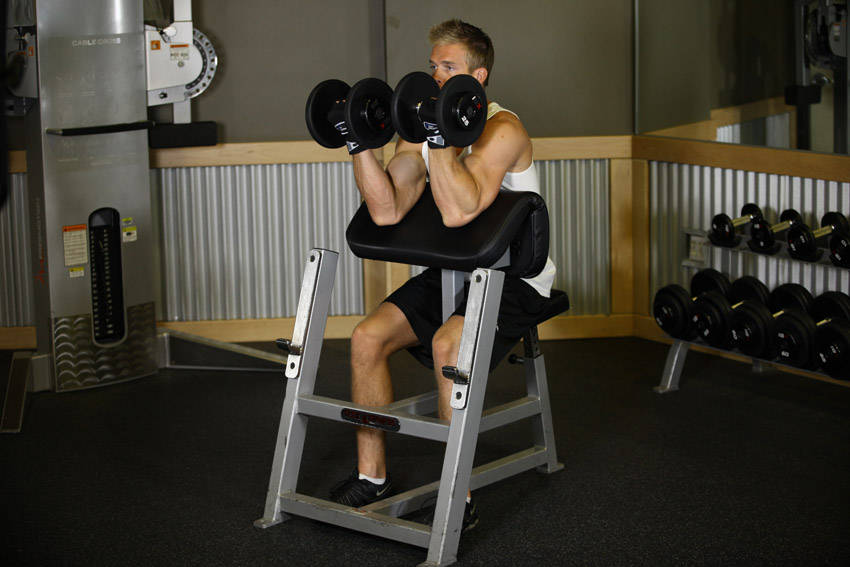 Alternative demonstration of Two-Arm Dumbbell Preacher Curl exercise