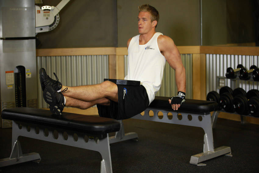 Demonstration of Weighted Bench Dip exercise showing proper form and technique