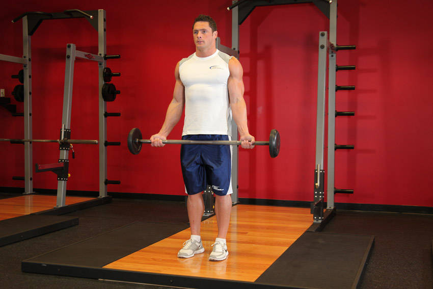 Demonstration of Wide-Grip Standing Barbell Curl exercise showing proper form and technique